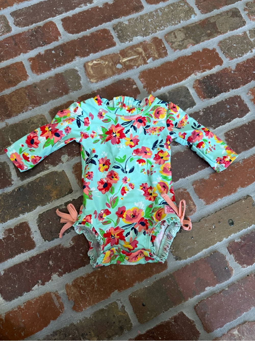 Ruffle Butts Mint Floral Long-Sleeve One-Piece with Coral Ties